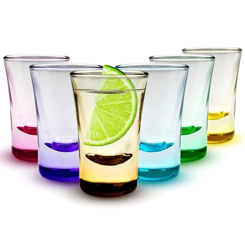 volila Bunte Shotgläser - 6 x 25 ml Schnapsgläser Set mit schwerem Boden - Kleine Shot Gläser - Ideale Tequila Gläser, Vodka Gläser, Pinnchen, Stamperlgläser für Schnaps, Jägermeister, Korn von volila