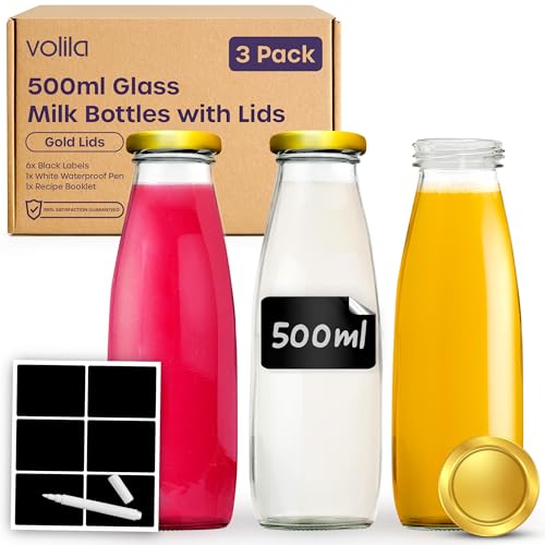 volila Glas-Milchflaschen mit Deckel, 500 ml, Glasflaschen mit Deckel, Etiketten und Stift, wiederverwendbare Milchflasche für Säfte, Dressings, Saucen, Getränke, Dekoration und Aufbewahrung (goldener von volila