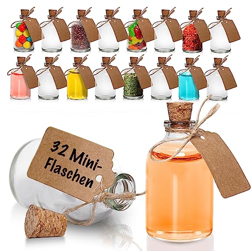 volila Mini Glasflaschen mit Korken - 32 x 50 ml Kleine Glasflaschen zum Befüllen - Kleine Flaschen Ideal als Hochzeit Deko oder als Hochzeit Gastgeschenk - Inkl. Gummitrichter, Etiketten und Schnur von volila