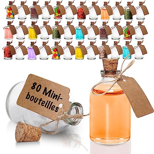 volila Mini Glasflaschen mit Korken - 80 x 50 ml Kleine Glasflaschen zum Befüllen - Kleine Flaschen Ideal als Hochzeit Deko oder als Hochzeit Gastgeschenk - Inkl. Gummitrichter, Etiketten und Schnur von volila