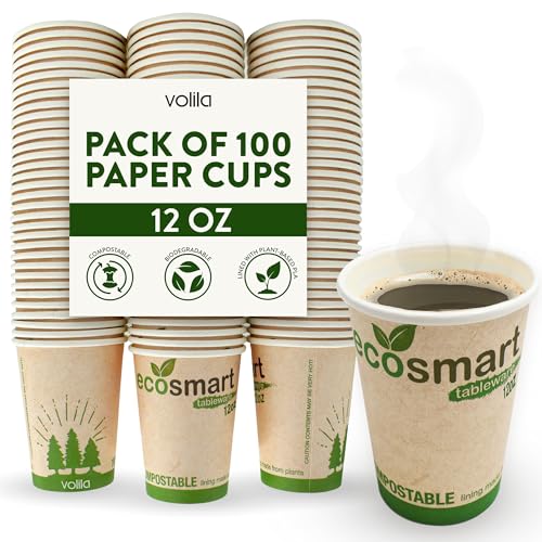 volila Pappbecher 350ml - 100 Stück 12 oz Kaffeebecher Einweg mit Isolierter Innenbeschichtung - Pappbecher für Kaffee, Tee, Heiße Und Kalte Getränke von volila
