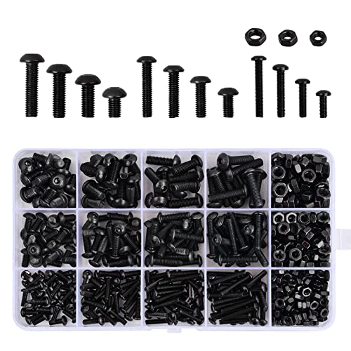 Volumoon 500Pcs Schrauben und Muttern Sortiment Set,M3 M4 M5 Schwarze Innensechskant Schraube und Muttern,Linsenkopfschrauben,Gewindemaschine Sechskantschrauben Verschluss, Kohlenstoffstahl von volumoon