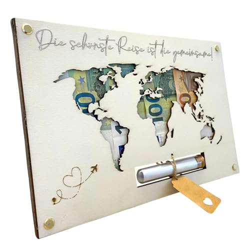 volumoon Geldgeschenk Hochzeit, Weltkarte Urlaub Geschenk, Einzigartiges Hochzeitsgeschenk aus Holz für Brautpaar Geldgeschenk Holz Personalisierte mit Exquisites Ausgehöhltes von volumoon