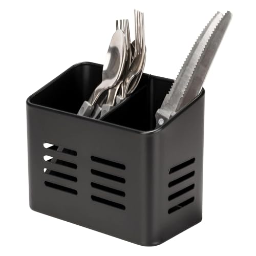 volumoon Utensilienhalter, Besteckkorb, Besteckkorb Edelstahl, Besteck Abtropfbehälter mit 2 Fächern, Arbeitsplatte Bestecktrockenhalter für Löffel, Spatel, Gabeln, Arbeitsplatte (Schwarz) von volumoon