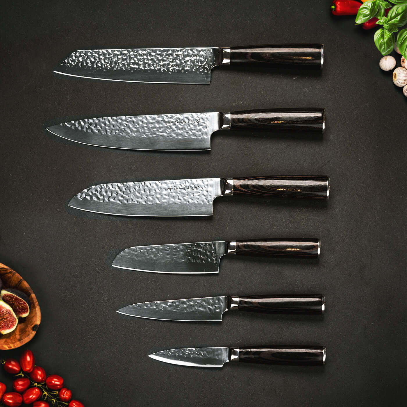 Asiatisches Messerset 6-teilig – Kurogane Tsuchi mit Hammerschlag & Pakkaholzgriff von von Deines & Wolf®