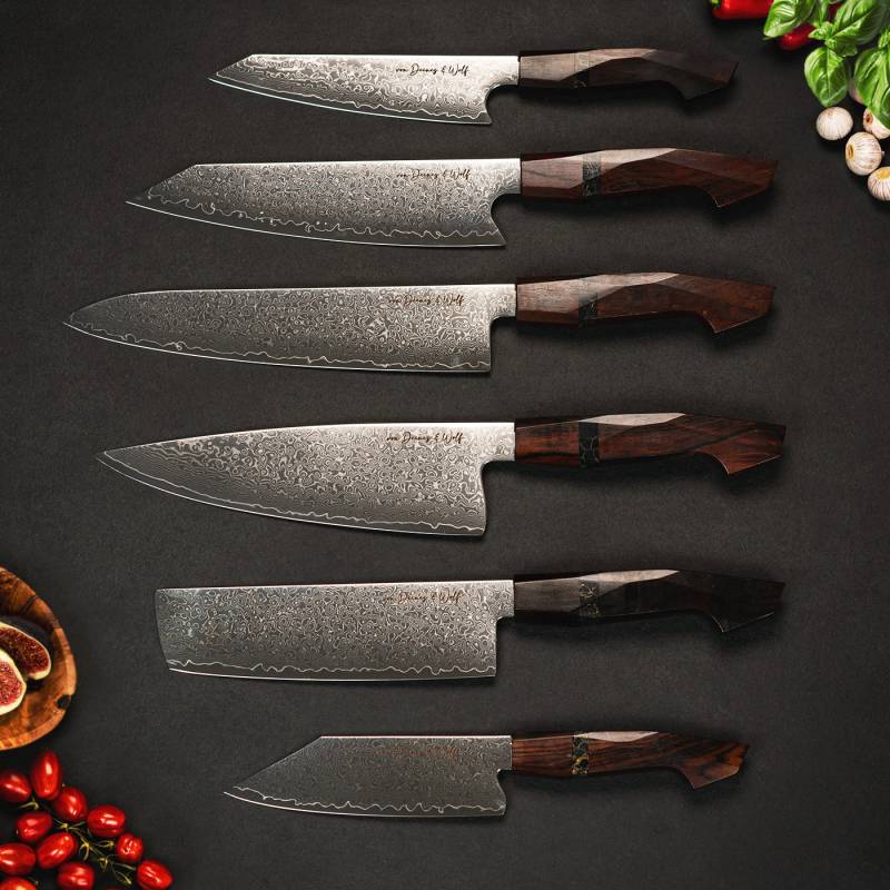 Damast Messerset 6-teilig mit Sandelholzgriffen – VG10 Kern, handgeschliffen | Kitchen Luxe von von Deines & Wolf®