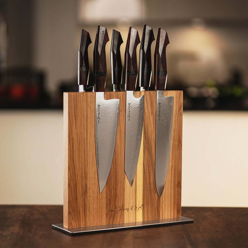 Damast Messerset 6-teilig mit Sandelholzgriffen und magnetischem Messserhalter – VG10 Kern, handgeschliffen | Kitchen Luxe von von Deines & Wolf®