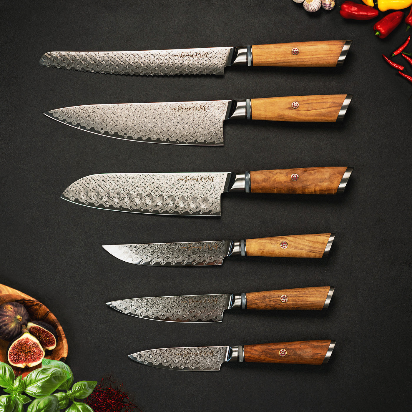Messerset 6-teilig – Damaststahl VG10 – Olive Holzgriff – Rasiermesserscharf, langlebig & perfekt ausbalanciert | Geschenkbox von von Deines & Wolf®
