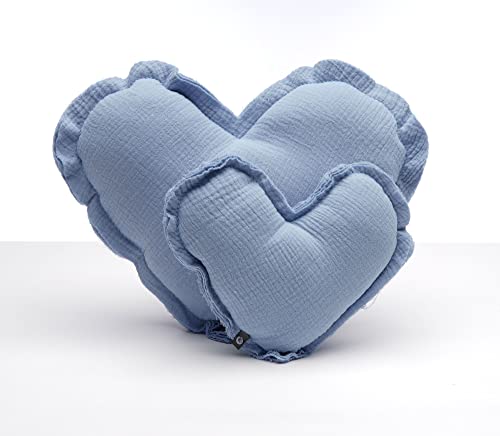 von Herzen Handmade Musselinkissen aus 100% Baumwolle Kuschelkissen I Dekokissen aus Musselin in Herzform I Herzkissen für Sofa & Bett I Handgenäht (Groß (Ø ca. 32cm), Hellblau) von von Herzen