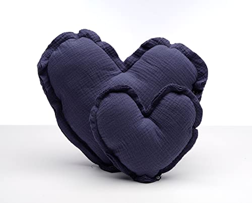 von Herzen Handmade Musselinkissen aus 100% Baumwolle Kuschelkissen I Dekokissen aus Musselin in Herzform I Herzkissen für Sofa & Bett I Handgenäht (Klein (Ø ca. 18cm), Indigo) von von Herzen