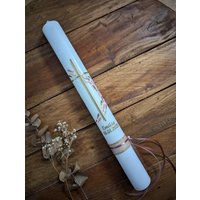 Kommunionkerze Kommt Her Und Esst Rosa/Gold in Handverziert Echtwachs Personalisierbar von vonkathrin
