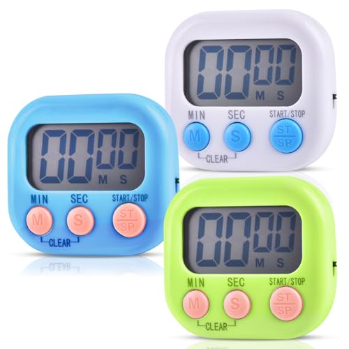 Timer 3 Stück, Eieruhr LCD Digital, küchentimer mit Einklappbarer Ständer Und Magnet, Stoppuhr für Kochen Backen Sport Kinder Studieren (blau, weiß, grün) von vonsera