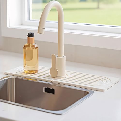 Abtropfmatte Spüle, Wasserabsorbierende Untersetzer, Waschbecken Stein Wasserhahn Matte Spritzschutz, Steinmatte Badezimmer, Sink Stone Mat für Küche und Badezimmer Inklusive Sandpapier, 40x10cm von vookutus