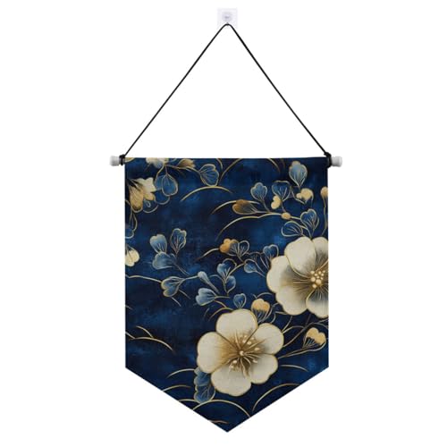 Blaue und goldene Retro-Blumen-Banner zum Aufhängen mit Teleskopstange, Wimpelflagge, Banner, hängende Wanddekoration für Tür, Wände, Fenster, Gärten, Hof von voucong