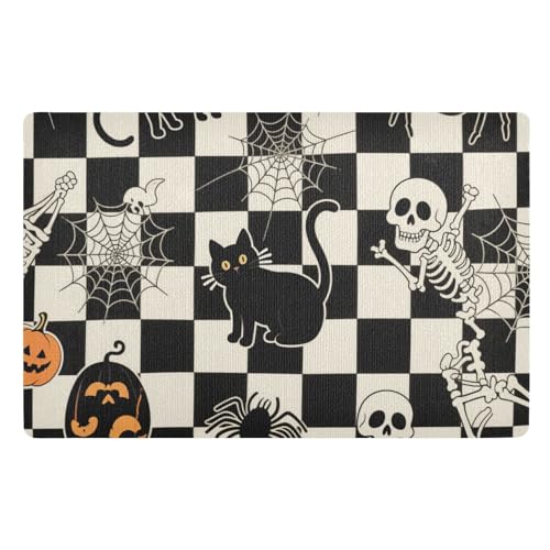 Halloween-Bodenmatte mit schwarzem kariertem Kürbis, Katzenschädel, 81,3 x 50,8 cm, rutschfeste Gummi-Unterseite, ultradünn, für Eingang, Wohnzimmer, Balkon, Küche Halloween-Bodenmatte mit schwarzem kariertem Kürbis, Katzenschädel, 81,3 x 50,8 cm, rutschfeste Gummi-Unterseite, ultradünn, für Eingang, Wohnzimmer, Balkon, Küche von voucong
