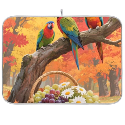 Hello Fall Herbst Baum Obst Papagei Wiederverwendbare Abtropfmatte 45,7 x 61 cm Rechteckig Große Küche Abtropfmatte Dekorative Heimdekoration Essentials von voucong