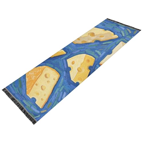 Schlafzimmerläufer, waschbar, rutschfest, Badezimmermatte, Quaste, Bodenteppich für Haus, Waschbecken, Foyer, Heimdekoration, Lebensmittel, Käse, blaue Kunstmalerei von voucong