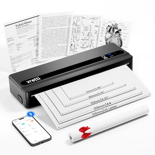 vretti PB821 Mobiler Drucker, Tragbare Thermodrucker unterstützt das Bedrucken von A4-Thermopapier,Bluetooth Thermodrucker unterstützt iOS und Android,Schwarz vretti PB821 Mobiler Drucker, Tragbare Thermodrucker unterstützt das Bedrucken von A4-Thermopapier,Bluetooth Thermodrucker unterstützt iOS und Android,Schwarz von vretti