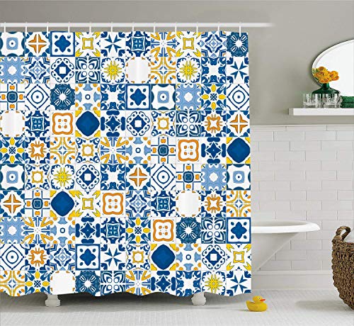 vrupi Gelbe und Blaue Muster Duschvorhang Mosaik Portugal Azulejo Mittelmeer-Effekt Muster Stoff Badezimmer Dekoration beliebte Tuch Duschvorhang 12 Haken wasserdicht 180 * 180cm von vrupi