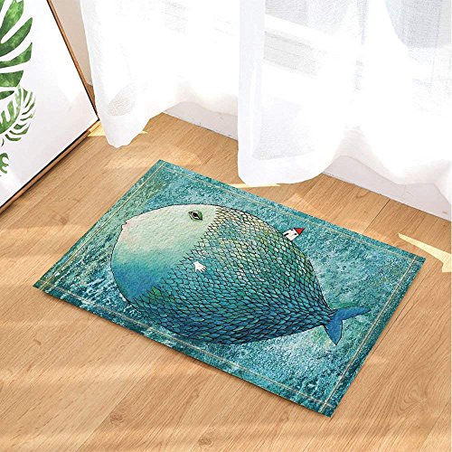 vrupi Kreative Badematte mit übertriebenem Haus auf Fisch zurück im Meer, rutschfeste Fußmatte, Bodeneingänge, Außen- und Innenbereich, für Kinder, Badvorleger, 39,9 x 60,9 cm, Badzubehör, Türkis von vrupi