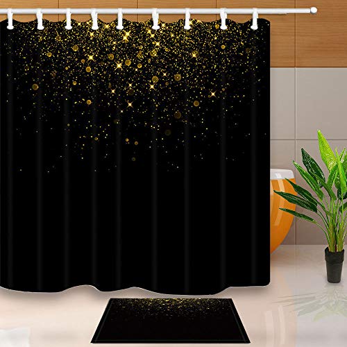 vrupi Schwarz Gold Star Duschvorhang Set 3D Druck wasserdichte Beschichtung mit 12 Haken Polyester Bad 71 Zoll x 71 Zoll Duschvorhang Innen Bodenmatte Bad Teppich 60x40 cm von vrupi