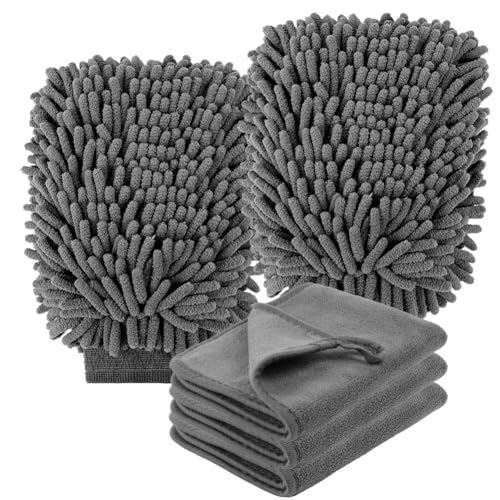 vsshe 5 Stück Autopflege Set mit 3er 600GSM Mikrofasertücher Auto (Korallenfleece) & 2er Mikrofaser Waschhandschuh, Reinigungsset für Auto & Haushalt | 100% Kratzfrei Super saugfähig (40x30cm) von vsshe