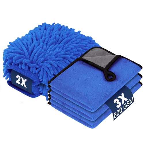 vsshe 5 Stück Autopflege Set mit 3er 600GSM Mikrofasertücher Auto (Korallenfleece) & 2er Mikrofaser Waschhandschuh, Reinigungsset für Auto & Haushalt | 100% Kratzfrei Super saugfähig (40x30cm) Blau von vsshe