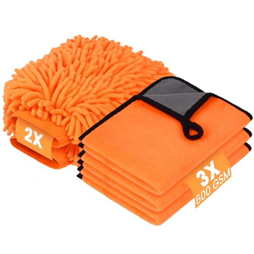 vsshe 5 Stück Autopflege Set mit 3er 600GSM Mikrofasertücher Auto (Korallenfleece) & 2er Mikrofaser Waschhandschuh, Reinigungsset für Auto & Haushalt | 100% Kratzfrei Super saugfähig (40x30cm) orange von vsshe