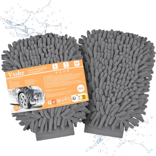vsshe Auto Waschhandschuh, 2er Microfaser - Handschuh, Chenille-Handschuh für Professionelle Autopflege | 100% Saugstark, Kratzfrei & Achonend | Putzhandschuh für Autowäsche und Fensterreinigung von vsshe