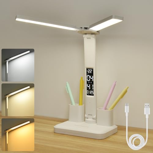 vsshe Dual Swing Arm LED Schreibtischlampe, Schreibtischlampe led, Lumen Doppelkopf lamp, mit 3 Farbtemperaturen und Schreibtisch Lampe Mit LED-Anzeige für Homeoffice von vsshe