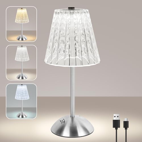 vsshe LED Tischlampe Kabellos, 3 Farben LED Dimmbare Nachttischlampe Tischlampe Touch, 2000mAh Vintage Schreibtischlampe, USB-C Aufladbar Nachtlicht für Wohnzimmer Schlafzimmer Gaststätte Bar Silber vsshe LED Tischlampe Kabellos, 3 Farben LED Dimmbare Nachttischlampe Tischlampe Touch, 2000mAh Vintage Schreibtischlampe, USB-C Aufladbar Nachtlicht für Wohnzimmer Schlafzimmer Gaststätte Bar Silber von vsshe