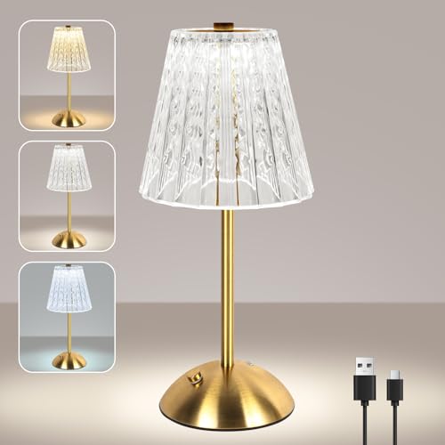 vsshe LED Tischlampe Kabellos, 3 Farben LED Dimmbare Nachttischlampe Tischlampe Touch, 2000mAh Vintage Schreibtischlampe, USB-C Aufladbar Nachtlicht für Wohnzimmer Schlafzimmer Gaststätte Bar Gold von vsshe