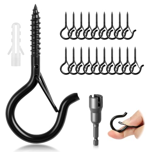vsshe Schwarz Haken zum Schrauben, 20 Stück Schraubhaken Kohlenstoffstahl mit Sicherung, Deckenhaken Wandhaken mit Metallhülse, für Innen & Außen hängende Pflanzen Kunst Schlüssel Weihnachtsdekoration von vsshe