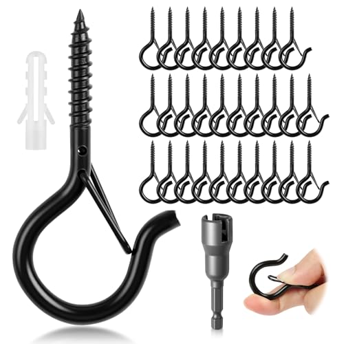vsshe Schwarz Haken zum Schrauben, 30 Stück Schraubhaken Kohlenstoffstahl mit Sicherung, Deckenhaken Wandhaken mit Metallhülse, für Innen & Außen hängende Pflanzen Kunst Schlüssel Weihnachtsdekoration von vsshe