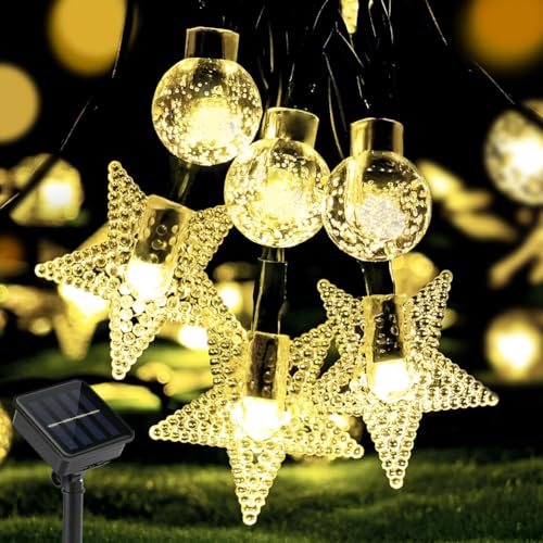 vsshe Solar Lichterkette Aussen 100 LED, 12M 8 Modi Beleuchtung Warmweiß Solarlampe Außen/Innen IP65 Wasserdicht mit Kristall Kugel und Sternen| Kettenlicht Deko für Garten Party Hochzeite Weihnachten von vsshe