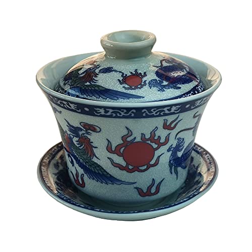 Gaiwan Chinesische Teetasse Qinghua Porzellantasse Drache Phoenix Gongfu Tee-Set (Drache und Phoenix) von vv8oo