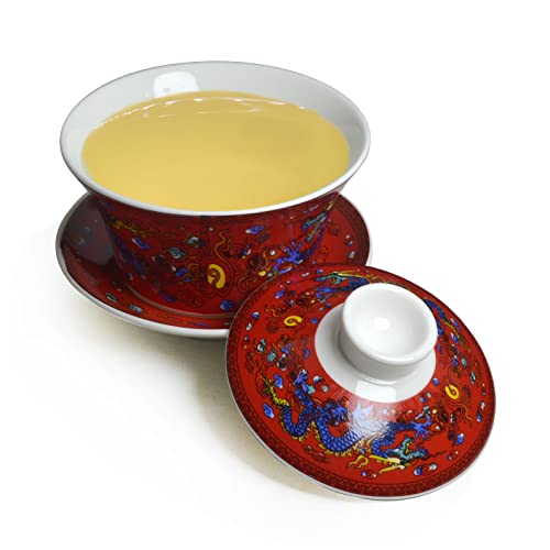 Gaiwan Teetasse Chinesische Dargon Sancai Abdeckung Schüssel Lippe Untersetzer Set für Gongfu Tee (rot) von vv8oo