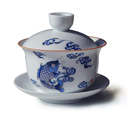 vv8oo Porzellan Gaiwan 7oz Teaup Springen Fisch weiß glasiert Terrine Chinesische Sancai Abdeckung Schüssel Lippe Tasse Untertasse Set von vv8oo