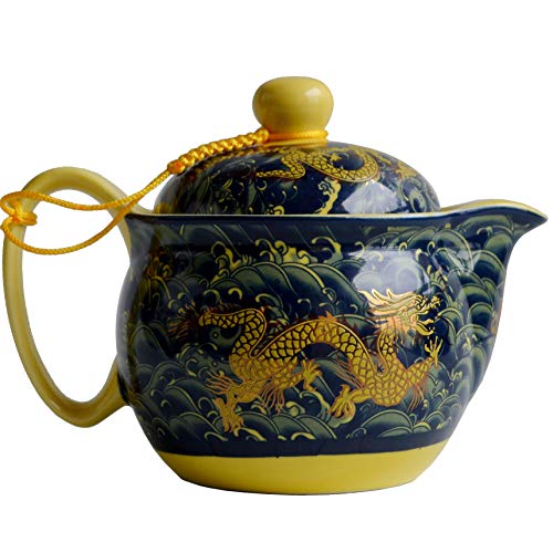 Porzellan-Teekanne, 340 ml, chinesisches Dargon-Wellen-Muster, Edelstahl, für losen Tee (Deep Waves Dargon) von vv8oo