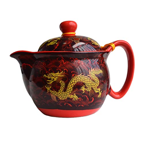 Porzellan-Teekanne, 340 ml, chinesisches Dargon-Wellen-Muster, Edelstahl, für losen Tee (Red Waves Dargon) von vv8oo