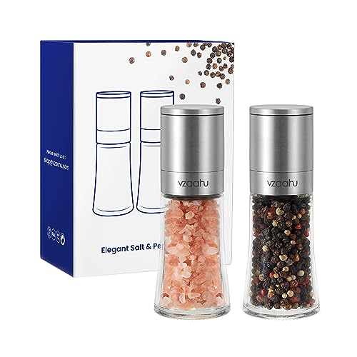 Vzaahu Kleine Salz und Pfeffermühlen 2er-Set mit Keramikkern,Zimt,Einstellbare Grobheit,Farbe Silber,Tragbare,Nachfüllbare Gewürzmühlen von vzaahu
