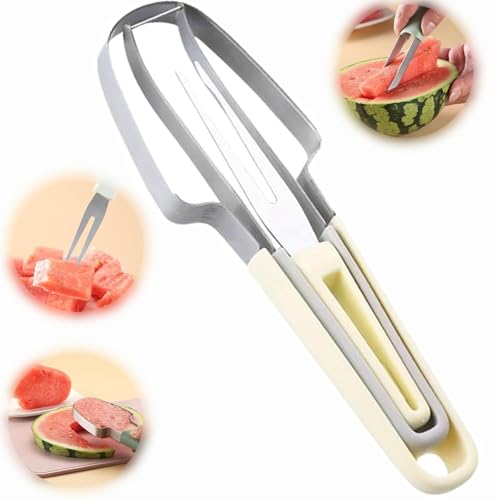 3-in-1 Wassermelonen Schneider aus Edelstahl, 2024 Neu Obstschneider aus Edelstahl, Melonen Würfel Wassermelonen Messer,Doppelkopf-Obstgabeln-Schneidemesser, Sommer Fruchtschneidegabel (1, Beige) von waabose