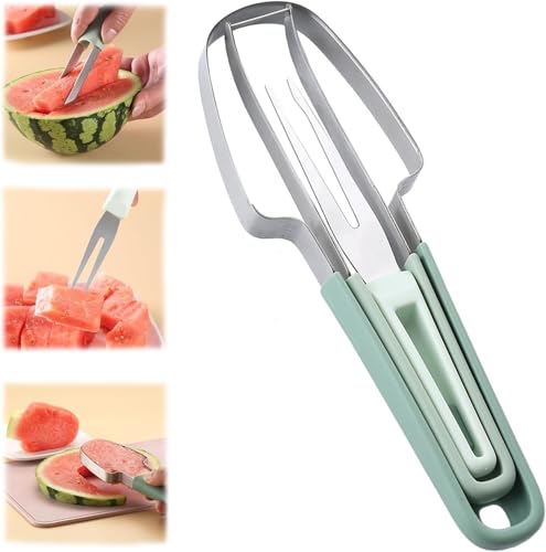 3-in-1 Wassermelonen Schneider aus Edelstahl, 2024 Neu Obstschneider aus Edelstahl, Melonen Würfel Wassermelonen Messer,Doppelkopf-Obstgabeln-Schneidemesser, Sommer Fruchtschneidegabel (2, Grün) von waabose