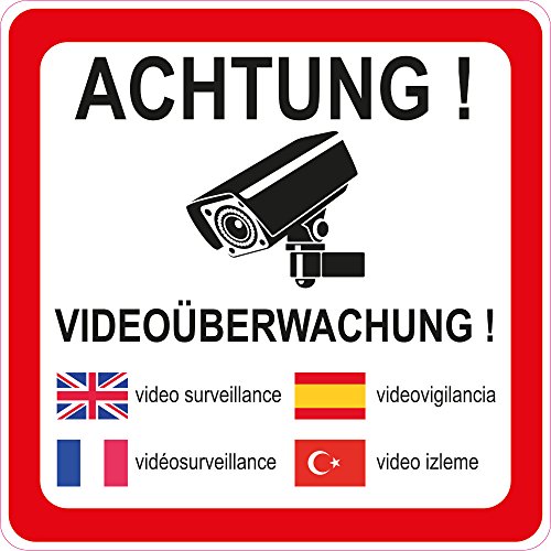 1 Stück Aufkleber "Achtung Videoüberwachung" 90x90 mm, 5-sprachig selbstklebend, kratz und Wetterfest von wall-art-design