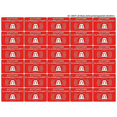 30 Stück Aufkleber "Achtung Alarmgesichert" 50x30 mm, selbstklebend, kratz und Wetterfest von wall-art-design