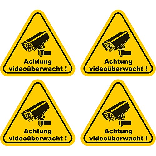 4 Stück Aufkleber "Achtung Videoüberwacht" 100x90 mm, gelb, selbstklebend, kratz und Wetterfest von wall-art-design