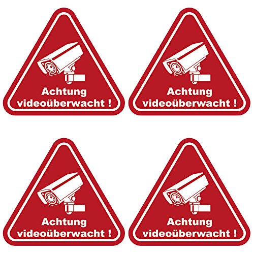 4 Stück Aufkleber "Achtung Videoüberwacht" 100x90 mm, rot, selbstklebend, kratz und Wetterfest von wall-art-design