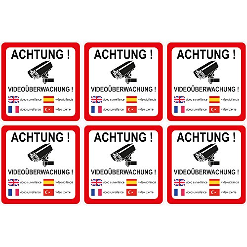 6 Stück Aufkleber "Achtung Videoüberwachung" 90x90 mm, 5-sprachig selbstklebend, kratz und Wetterfest 6 Stück Aufkleber "Achtung Videoüberwachung" 90x90 mm, 5-sprachig selbstklebend, kratz und Wetterfest von wall-art-design