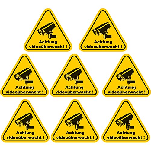 8 Stück Aufkleber "Achtung Videoüberwacht" 100x90 mm, gelb, selbstklebend, kratz und Wetterfest von wall-art-design