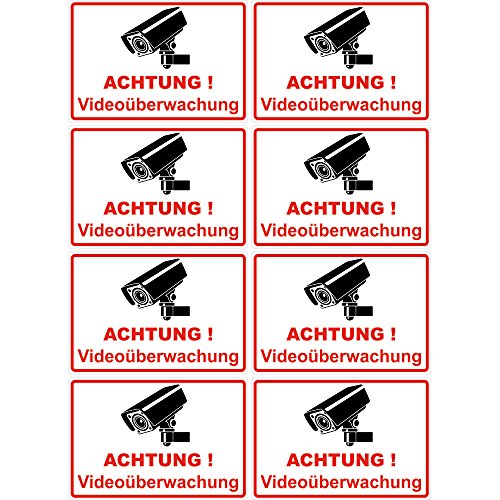 8 Stück Aufkleber "Achtung Videoüberwachung" 100x65 mm, selbstklebend, kratz und Wetterfest von wall-art-design